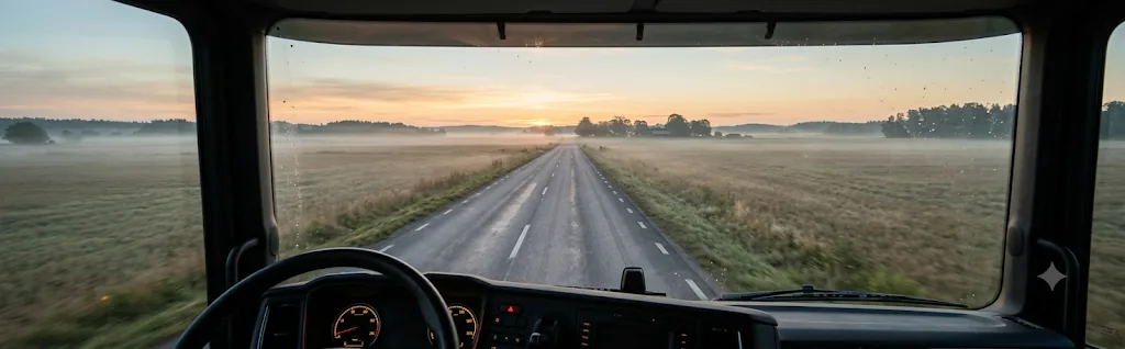Vyn genom vindrutan på en lastbilshytt mot en öppen landsväg i gryningsljus, dimma över fälten. Stämningsbild, AI-genererad — inte ett foto från en specifik resa.