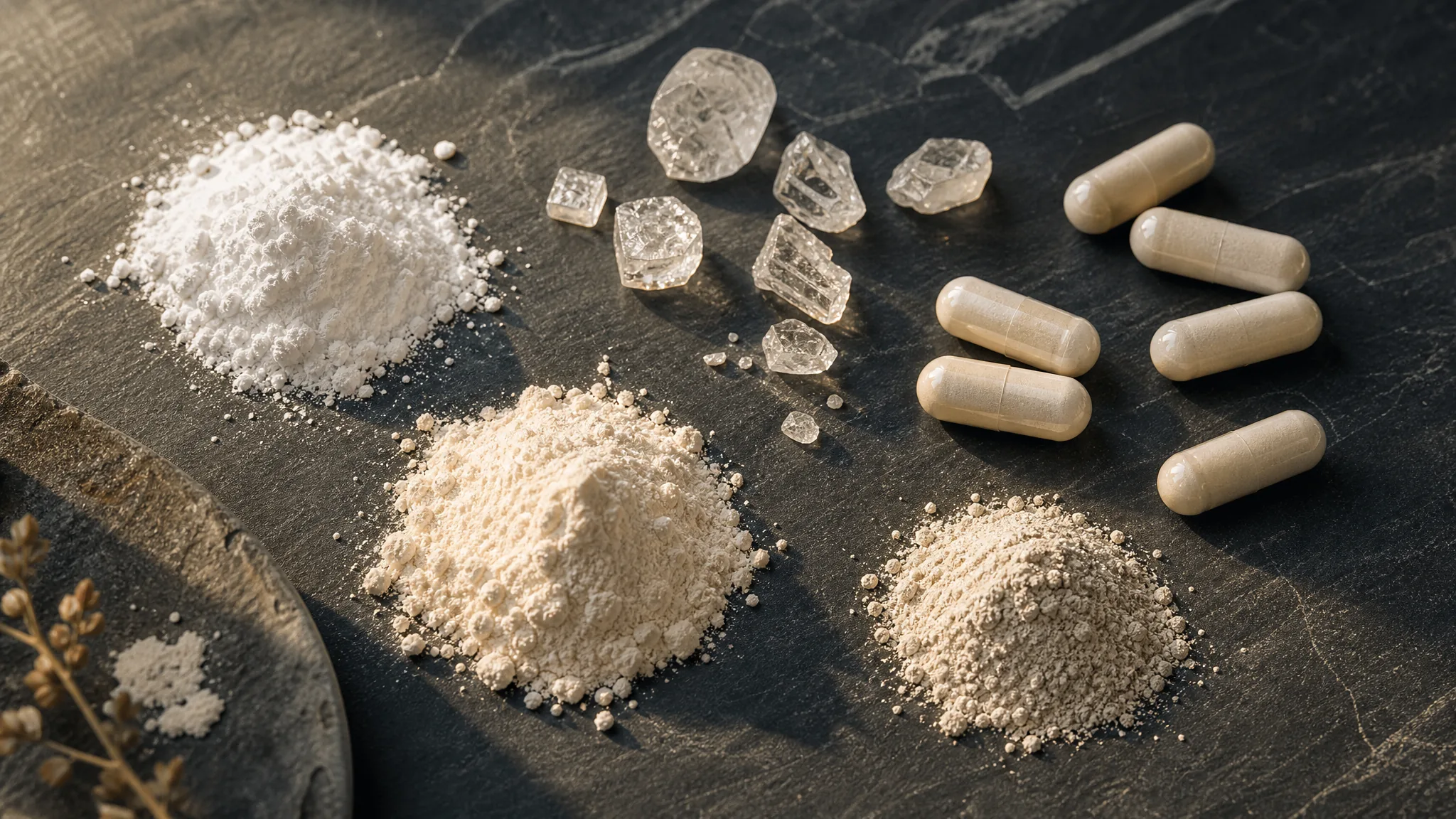 Olika former av magnesium — pulver, kristaller och kapslar i editorial wellness-stil