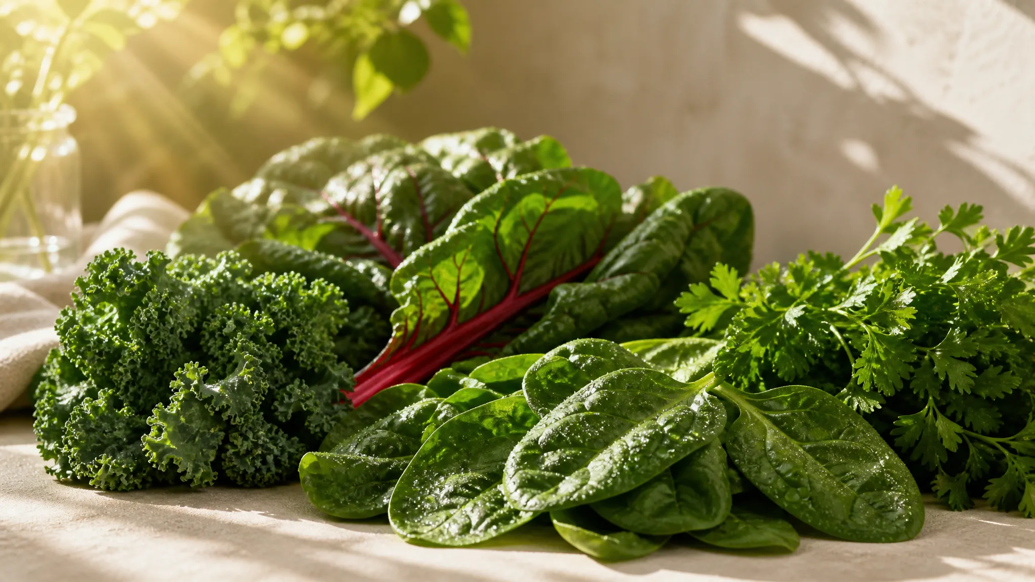D-vitamin och magnesium — lehtivihanneksia ja auringonvaloa, editoriell wellness-bild