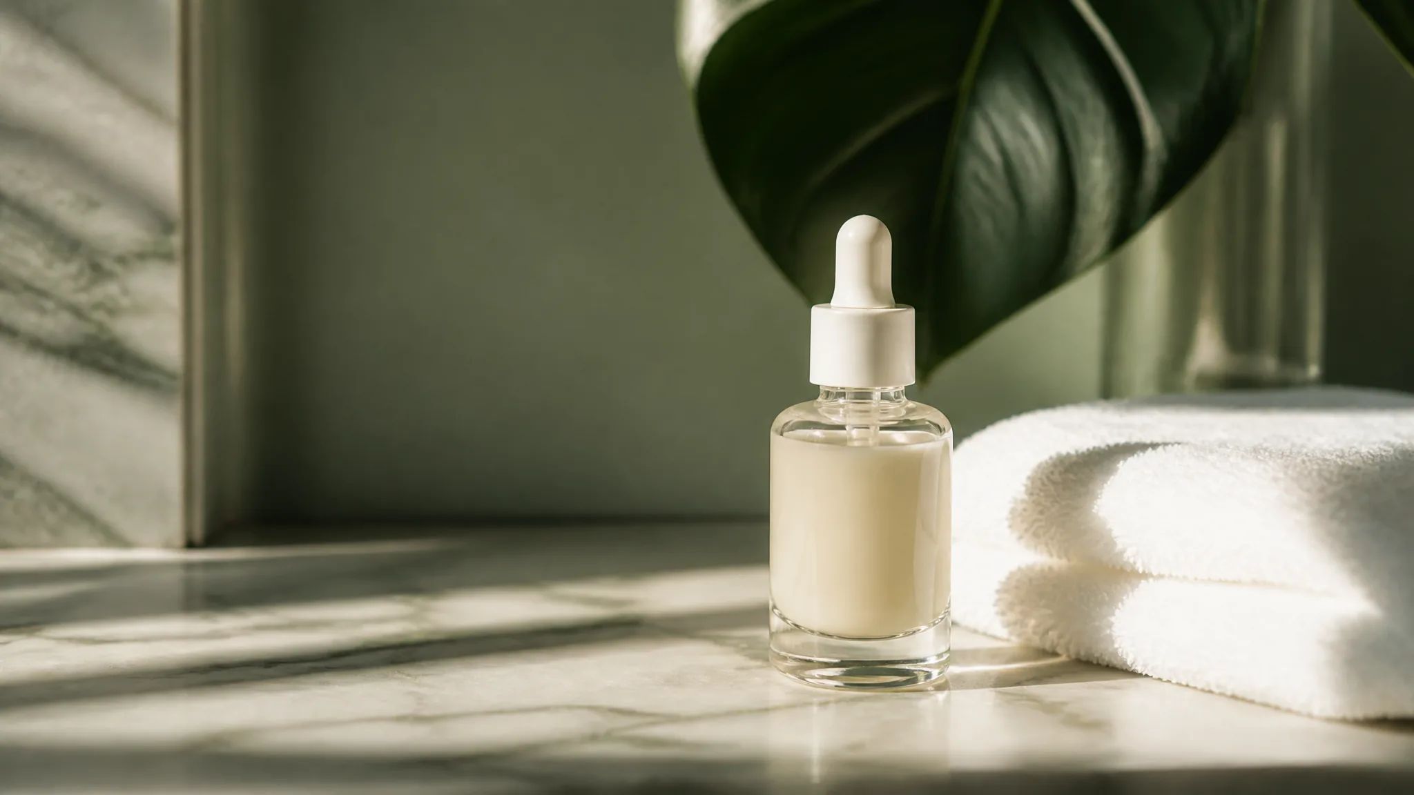 Liten glasflaska med niacinamidserum med droppare på marmoryta bredvid vit handduk — minimalistisk hudvårdskomposition
