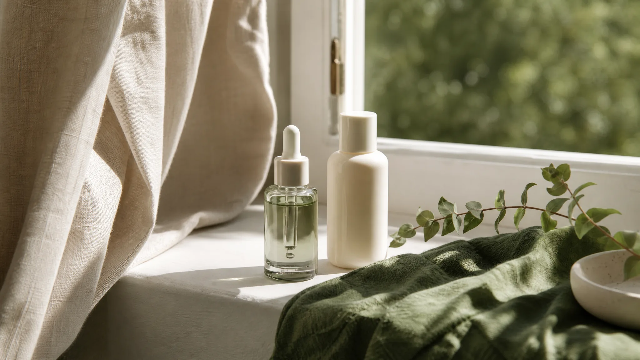 Glasdroppflaska med hudvårdsserum på ett soligt fönsterbräde bredvid solskyddsmedel — sommarhudvård med retinol