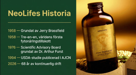 NeoLife historia — vintage produktflaska från 1950-talet, NeoLife grundat 1958 av Jerry Brassfield